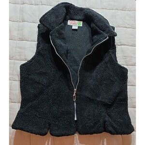 Vintage Cactus Flower Sherpa Vest‎ Womens M Full Zip Pockets Black Teddy 90s Y2K